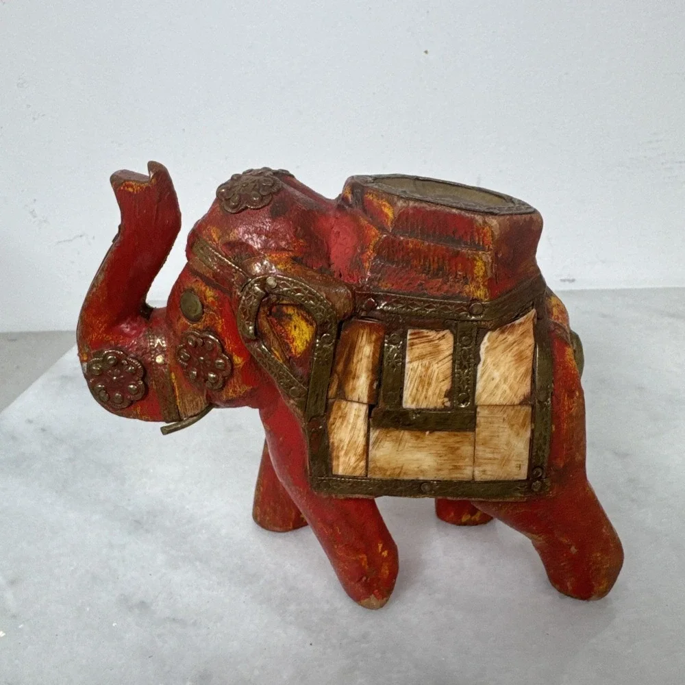 Vintage Beautiful Wood Elephant Nicely Decorated w/ Tiles & Brass